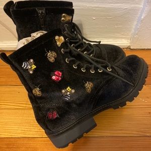Black velvet boots with beaded insects